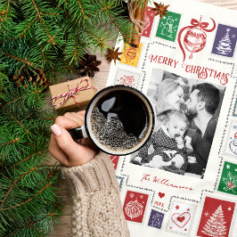 Whimsical Retro Stamp Christmas Illustration Photo キッチンタオル