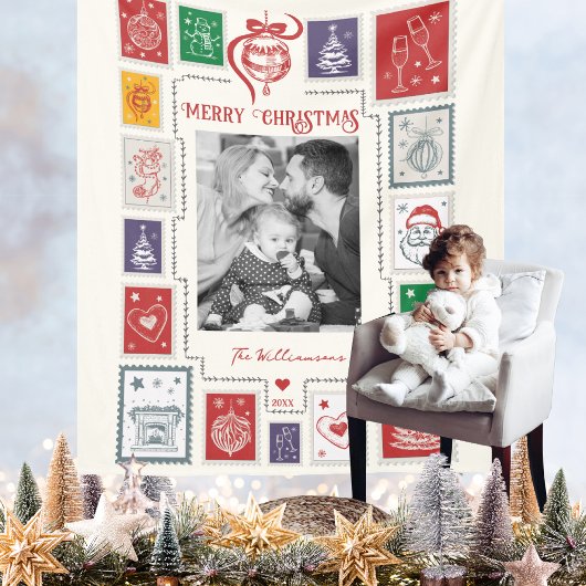 Whimsical Retro Stamp Christmas Illustration Photo フリースブランケット