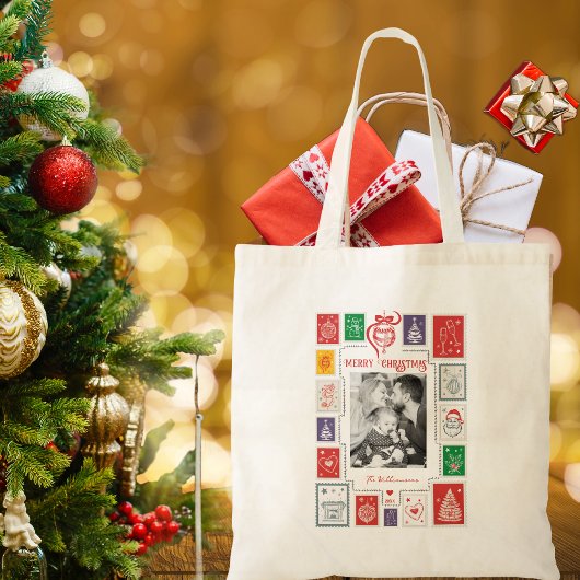 Whimsical Retro Stamp Christmas Photo Gift トートバッグ