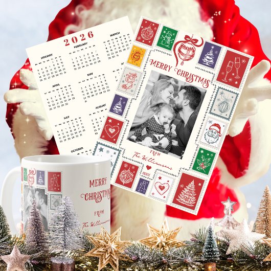 Whimsical Retro Stamp Holiday Photo 2026 Calendar シーズンカード