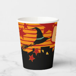 Whimsical Retro Witch Hat Over Skyline Halloween 紙コップ