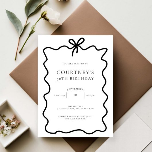 Whimsical Ribbon Bow 50th Birthday Party 招待状