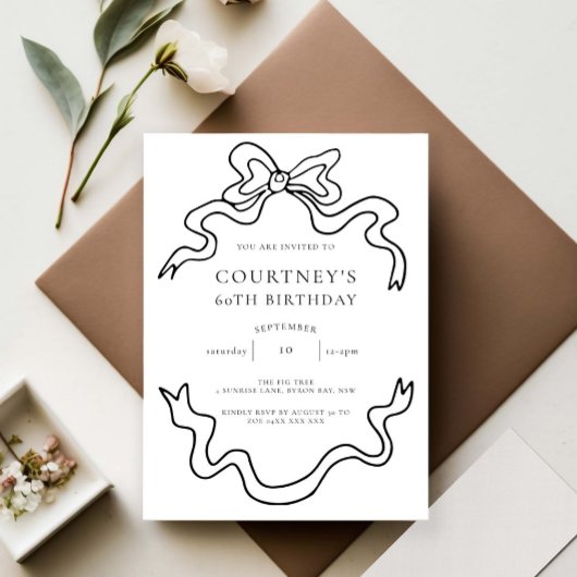 Whimsical Ribbon Bow 60th Birthday Party 招待状