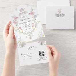 Whimsical Rococo Floral Crest Wedding QR Code Rsvp オールインワン招待状