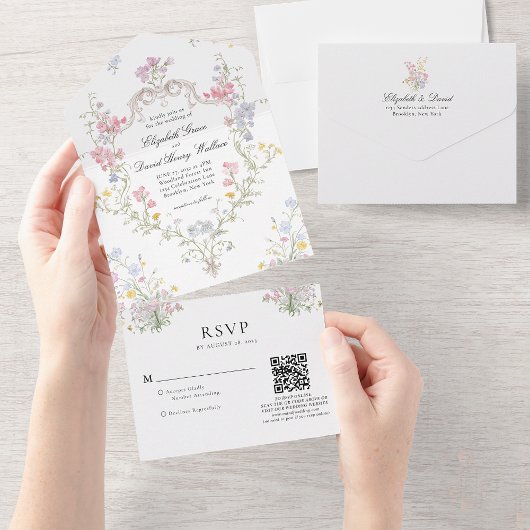 Whimsical Rococo Floral Crest Wedding QR Code Rsvp オールインワン招待状