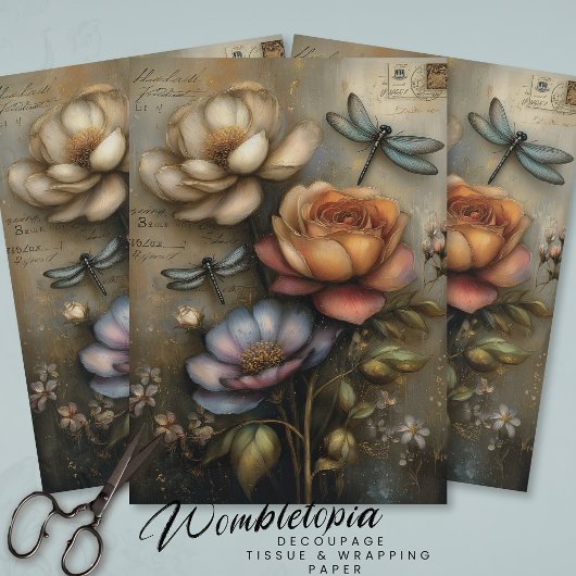 Whimsical Rose & Dragonfly Ephemera Decoupage 薄葉紙