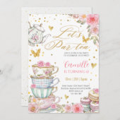 Whimsical rose Pink Floral Tea Party Birthday  招待状 (正面/裏面)