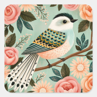 Whimsical Roses Flowers Vintage Folk Bird スクエアシール