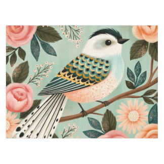 Whimsical Roses Flowers Vintage Folk Bird テーブルクロス