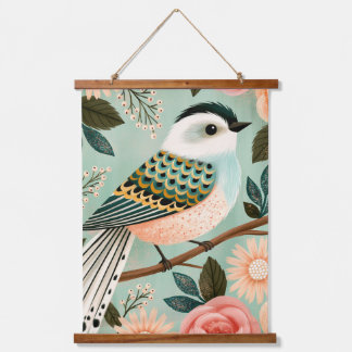 Whimsical Roses Flowers Vintage Folk Bird 吊り下げ型タペストリー
