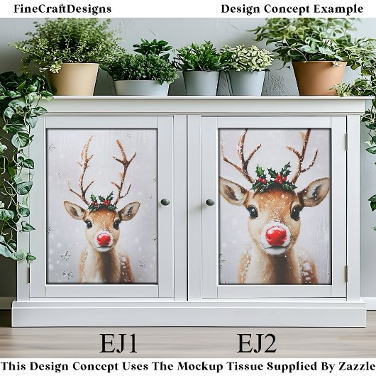 Whimsical Rudolph Reindeer Red Nose EJ1 Decoupage 薄葉紙