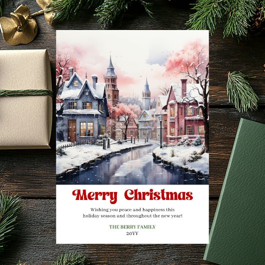 Whimsical rustic Christmas scene bright city art シーズンカード
