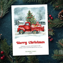 Whimsical Rustic Red Truck Holiday Scene Greeting
