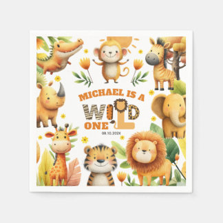 Whimsical Safari Animals WILD ONE 1歳の誕生日 スタンダードカクテルナプキン