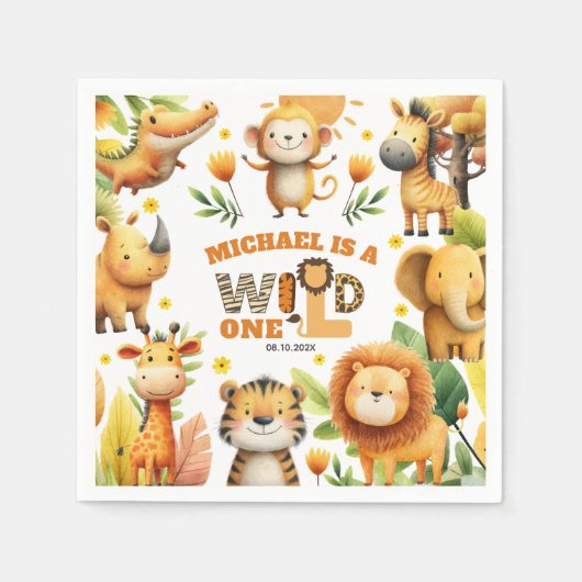 Whimsical Safari Animals WILD ONE 1歳の誕生日 スタンダードカクテルナプキン (正面)