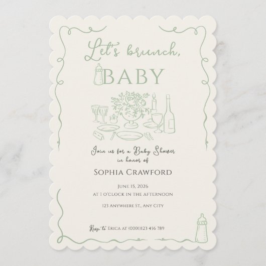 Whimsical Sage Doodle Let's Brunch Baby Shower 招待状 (正面)