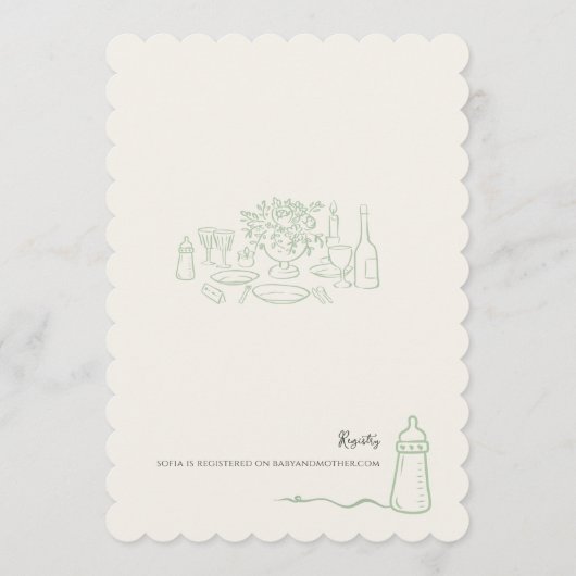 Whimsical Sage Doodle Let's Brunch Baby Shower 招待状 (裏面)