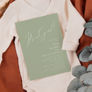 whimsical Sage Green 女の子のベビーシャワー 招待状