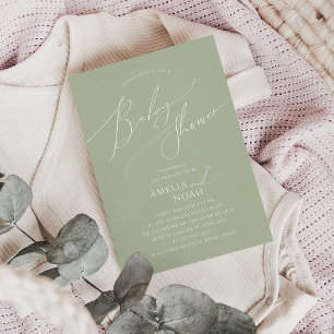 whimsical Sage Green Couples Baby Shower 招待状