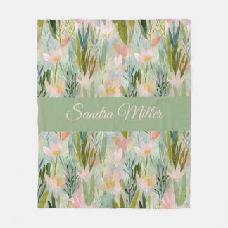 Whimsical Sage Green Floral Personalized フリースブランケット
