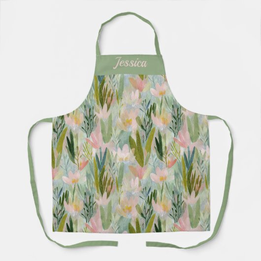 Whimsical Sage Green Floral Personalized Apron エプロン (正面)