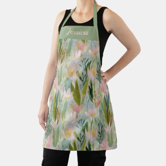 Whimsical Sage Green Floral Personalized Apron エプロン (インサイチュ)