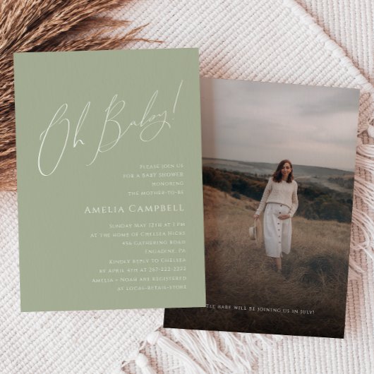  whimsical Sage Green Oh Baby! フォトベイビーシャワー 招待状