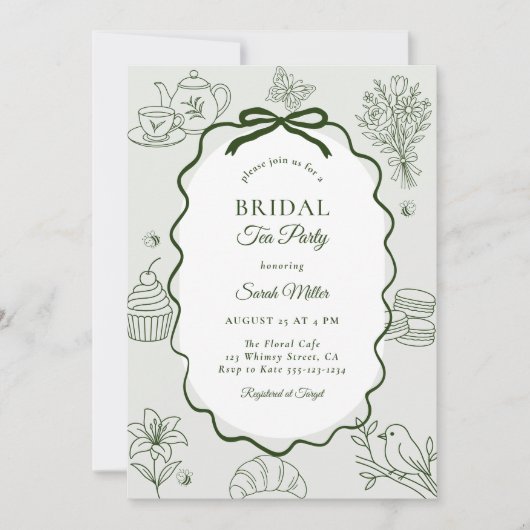 Whimsical Sage Hand Drawn Tea Party Bridal Shower 招待状 (正面)