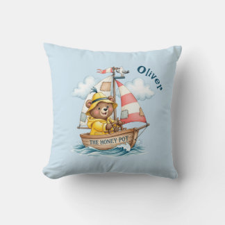Whimsical Sailor Bear on Sailboat クッション