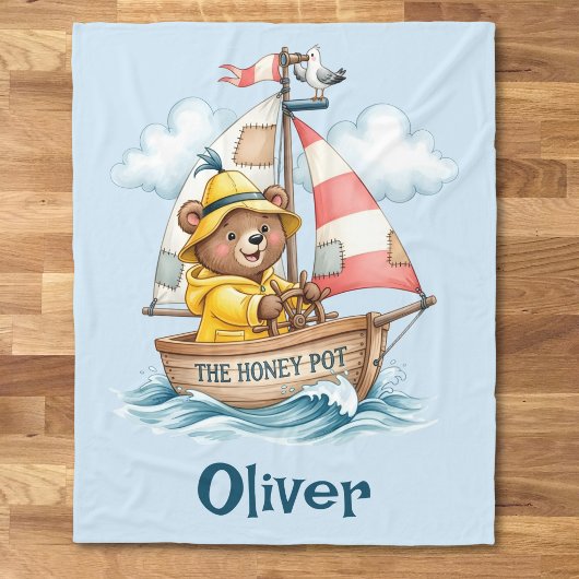 Whimsical Sailor Bear on Sailboat フリースブランケット