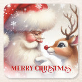 Whimsical Santa Claus Rudolph Holiday Paper Coaste スクエアペーパーコースター (正面)