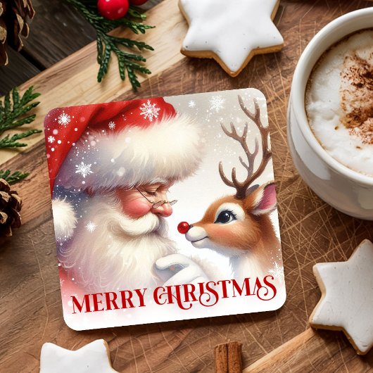 Whimsical Santa Claus Rudolph Holiday Paper Coaste スクエアペーパーコースター