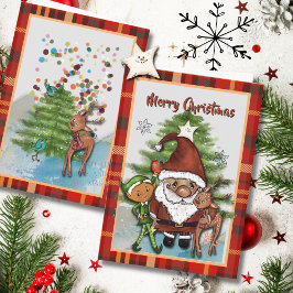 Whimsical Santa, Deer & Elf Boy Plaid Christmas シーズンカード