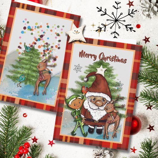Whimsical Santa, Deer & Elf Boy Plaid Christmas シーズンカード