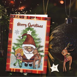 Whimsical Santa, Deer & Elf Plaid Christmas Card  シーズンカード