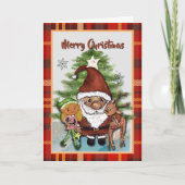 Whimsical Santa, Deer & Elf Plaid Christmas Card シーズンカード (正面)