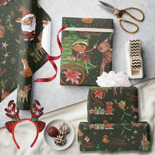 Whimsical Santa Elf & Friends Christmas Green ラッピングペーパー