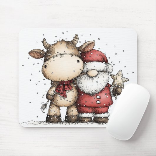 Whimsical Santa & Moo-Moo Holiday Christmas Cheer マウスパッド (マウス)
