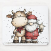 Whimsical Santa & Moo-Moo Holiday Christmas Cheer マウスパッド (正面)