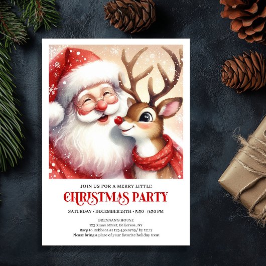 Whimsical Santa Rudolph Holiday Celebration Invite 招待状