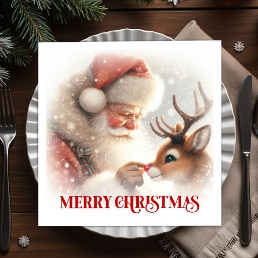 Whimsical Santa Rudolph Xmas Dinner Napkins スタンダードカクテルナプキン