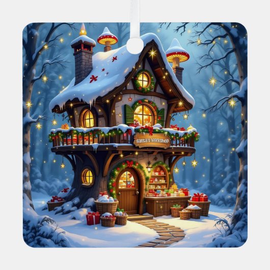 Whimsical Santa's Workshop Christmas Personalized メタルオーナメント (正面)