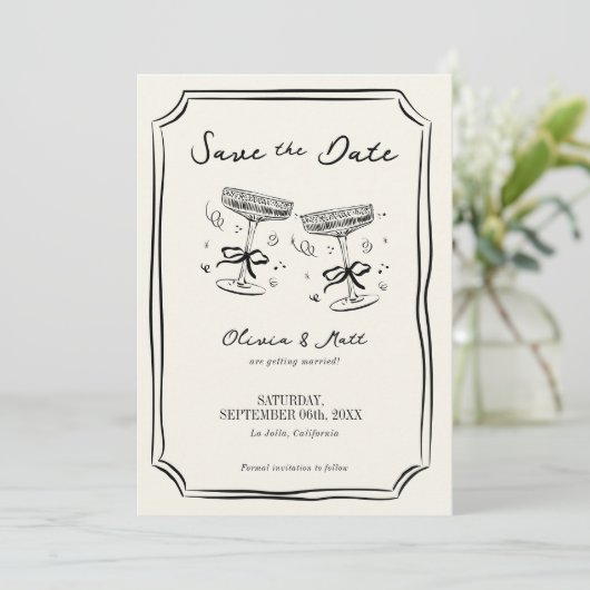 Whimsical Save The Date Champagne Cheers  招待状 (スタンド正面)