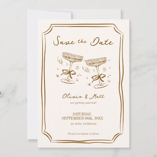 Whimsical Save The Date Champagne with Photo Brown 招待状 (正面)