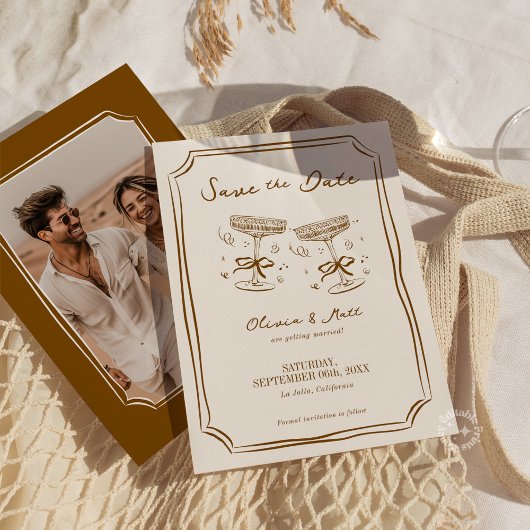 Whimsical Save The Date Champagne with Photo Brown 招待状