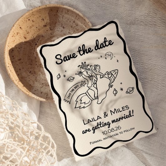 Whimsical Save the date fun retro rocket wedding  セーブザデート