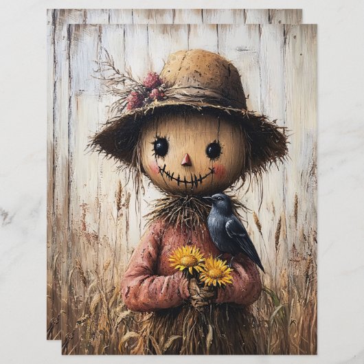 Whimsical Scarecrow and Sunflowers Scrapbook Paper (正面/裏面)
