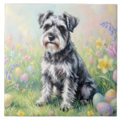 Whimsical Schnauzer with Easter Eggs タイル (正面)