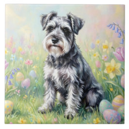 Whimsical Schnauzer with Easter Eggs タイル
