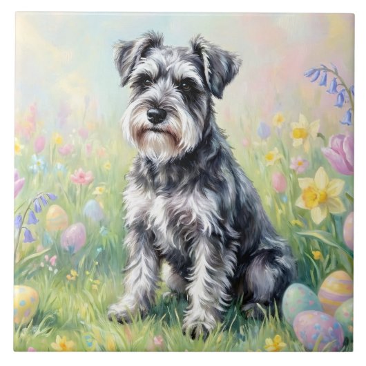 Whimsical Schnauzer with Easter Eggs タイル (正面)
